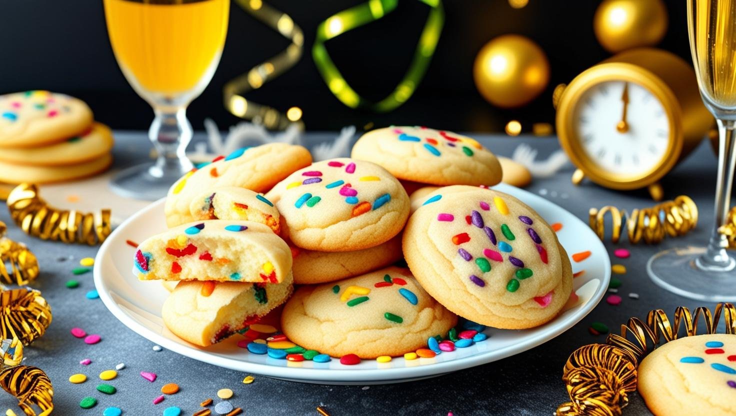 A plate of colorful confetti sprinkle cookies surrounded by festive decorations.