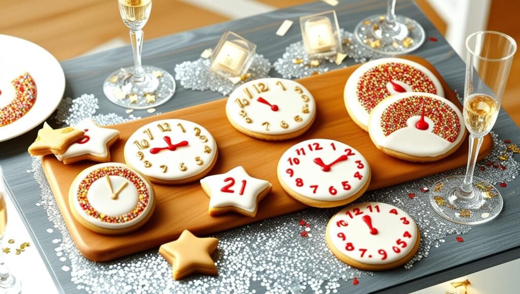 Decorated cookies in the shape of numbers and clocks for New Year's Eve countdown.