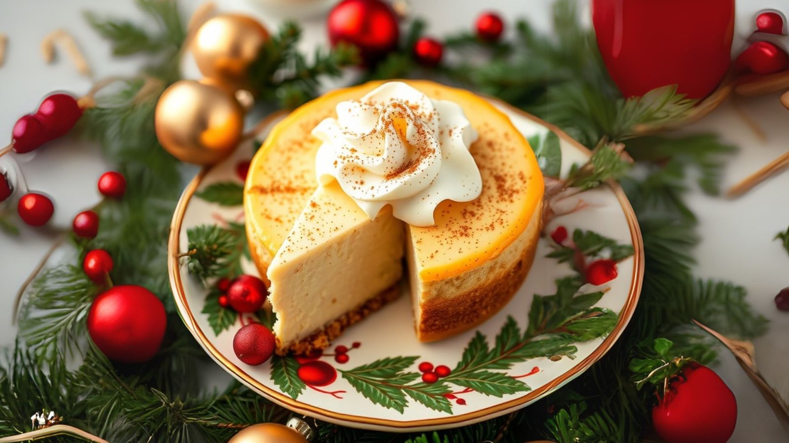 Eggnog cheesecake topped with whipped cream and nutmeg, surrounded by festive decorations