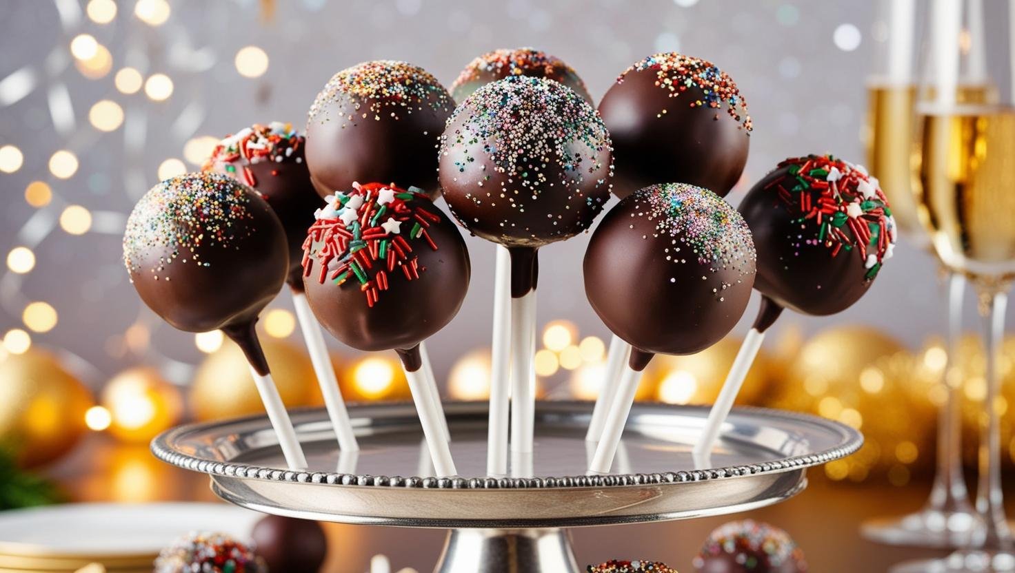 Colorful firework cake pops with sprinkles displayed on a festive table for New Year's Eve