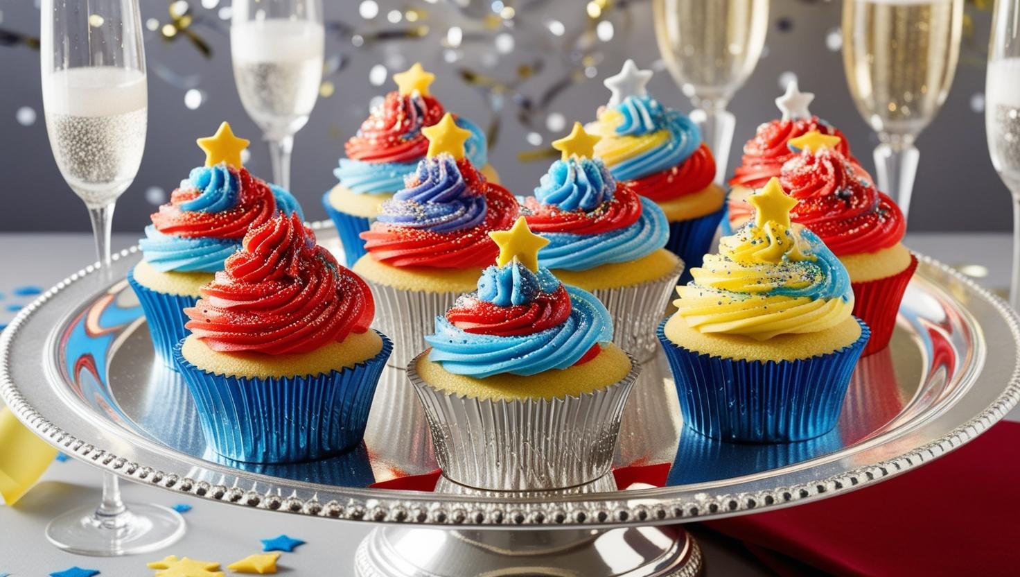 Colorful firework cupcakes with festive decorations and champagne glasses in the background