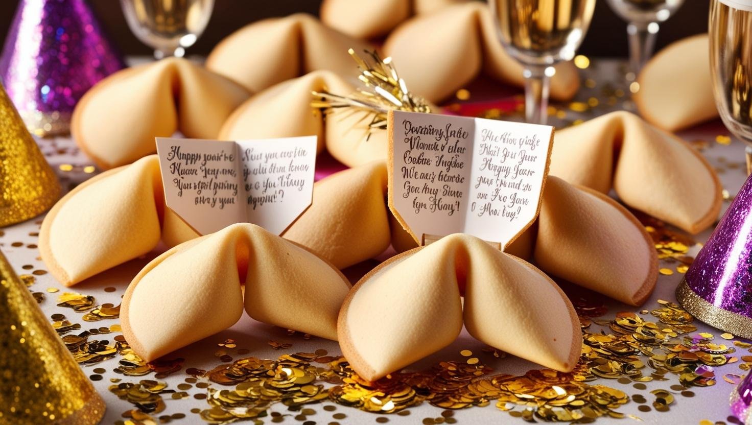 A plate of fortune cookies with New Year's resolution messages, surrounded by colorful confetti and party hats.