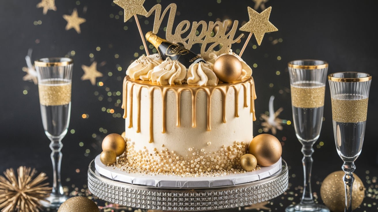 A beautifully decorated Golden Champagne Drip Cake with festive decorations, including a champagne bottle and golden accents.