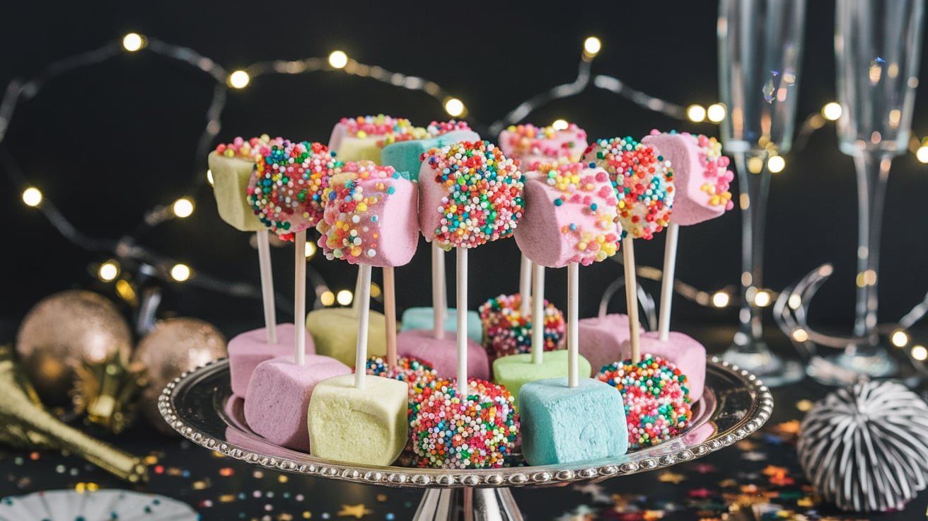 Colorful marshmallow pops decorated with sprinkles, set on sticks for New Year's Eve celebration.