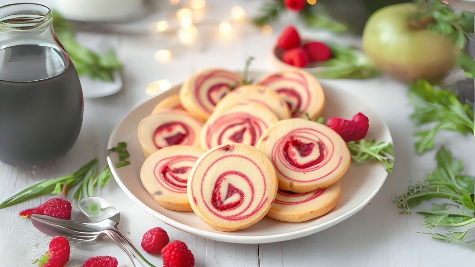 A close-up of spiral cookies with red and white swirls, arranged on a white ceramic plate on a white wooden table. Fresh raspberries and green arugula surround the plate, adding vibrant colors. In the blurred background, a glass carafe with dark liquid and a green apple are partially visible, with warm fairy lights creating a cozy ambiance.