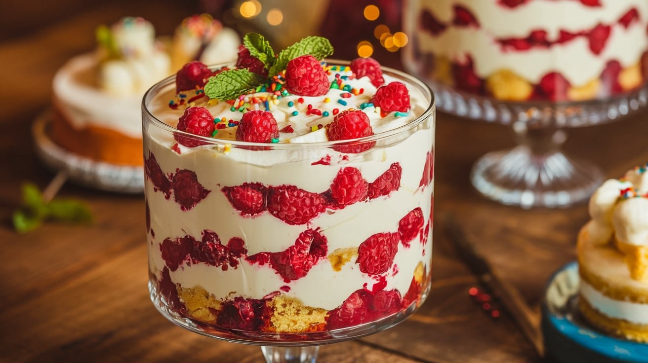 A beautiful glass bowl filled with layers of raspberry trifle, topped with fresh raspberries and mint leaves.