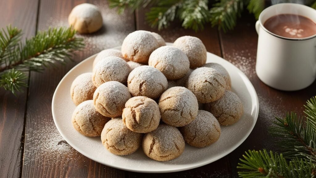 A plate of snowball cookies coated in powdered sugar, surrounded by holiday decor including pinecones, evergreen branches, and fairy lights.