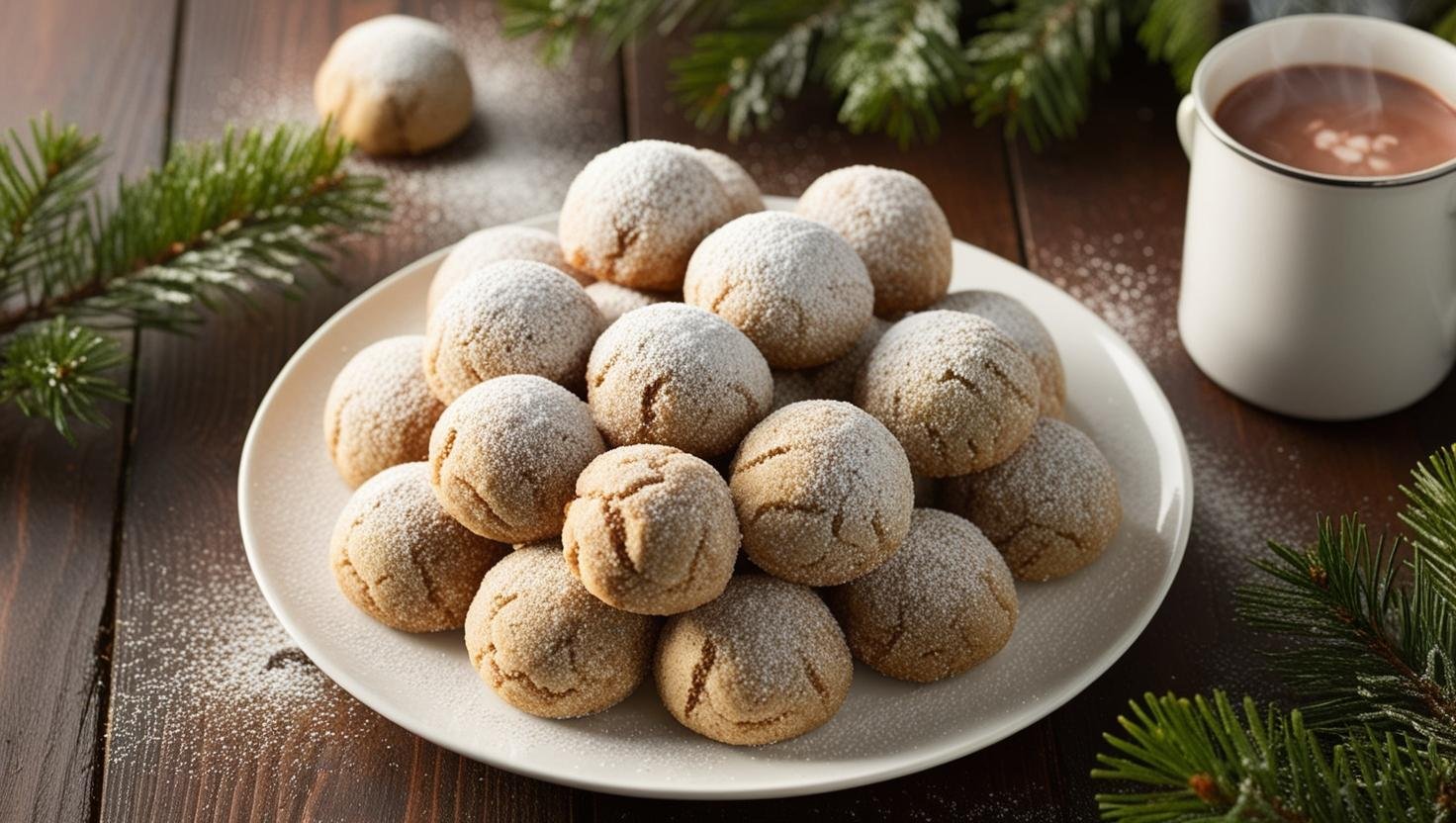 A plate of snowball cookies coated in powdered sugar, surrounded by holiday decor including pinecones, evergreen branches, and fairy lights.